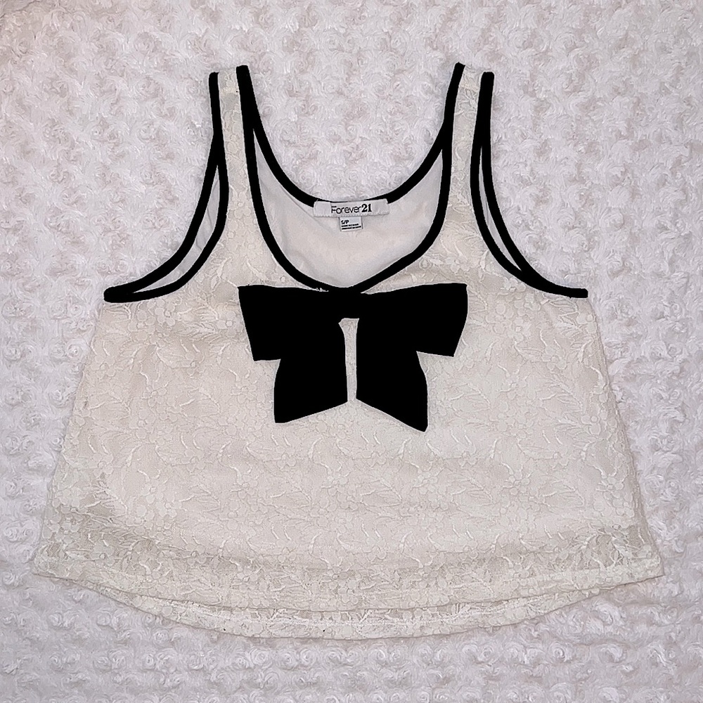 Forever 21 White Lace Crop Tank Black Trim Bow Detail